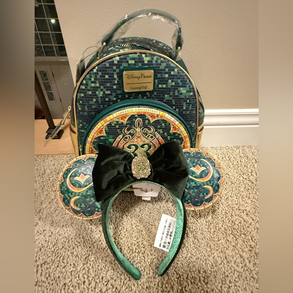 Disneyland Club 33 Loungefly Green Backpack and Matching Ears